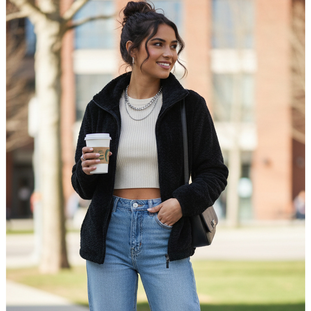 Free2be Ladies Zip up Black Butter Pile Fleece with Pockets Size L